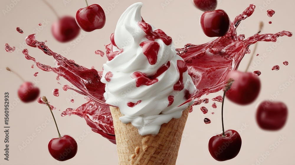 Poster delicious cherry flavored ice cream cone with cherry syrup and fresh cherries splashing in a dynamic