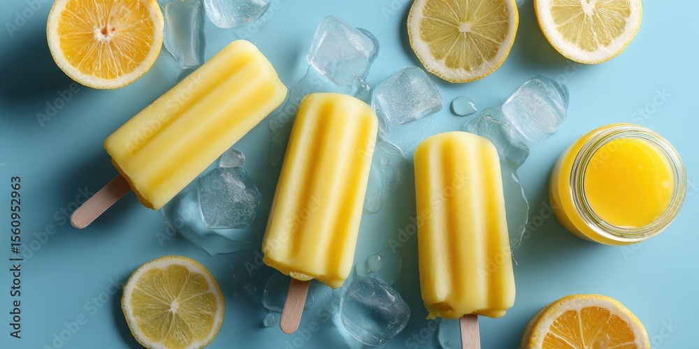 Poster Refreshing Lemon and Mango Popsicles with Ice Cubes and Fresh Citrus Slices in Bright Summer Setting Perfect for Cooling Treats and Refreshing Snacks