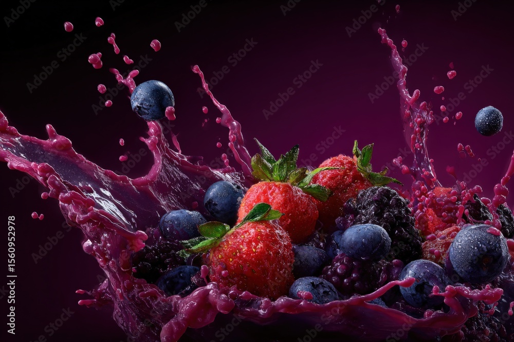 Poster vibrant fresh mixed berries splash in liquid with dark background and dynamic motion effect for heal