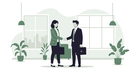 Obraz premium Successful Partnership: Business People Handshake in Office with Plants and City View