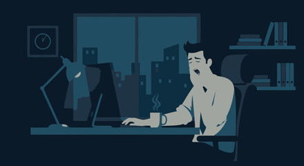Exhausted Employee Struggles With Overtime Work In The Office Late At Night