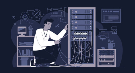 System Administrator Connecting Cables Server Rack Technical Infrastructure Maintenance
