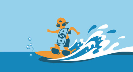 Riding The Wave Of Financial Success Business Concept With Money Surfing Cartoon Character
