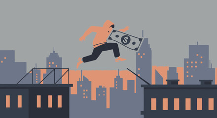 Risky Pursuit Thief Leaping Across Urban Rooftops Holding Stolen Dollar Bill