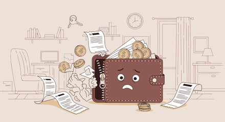 Sad Wallet Spilling Money Bills And Financial Strain At Home Illustration