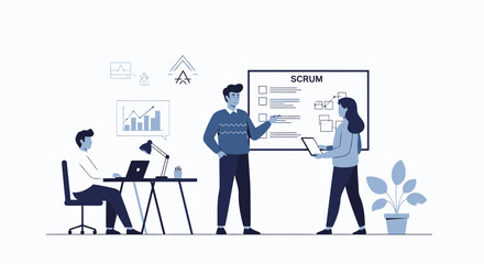 Scrum Meeting Discussion Showing The Planning Board In Flat Vector Illustration