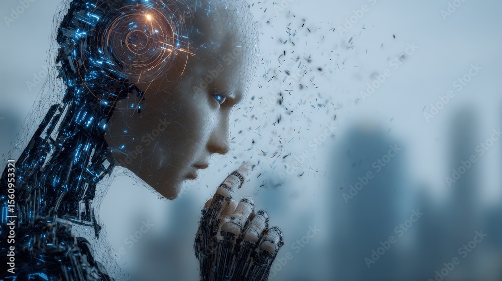 Poster Highly Detailed Close-Up of a Futuristic Female Robot in a Rainy Urban Setting Showing Advanced Robotics and Artificial ligence Technology