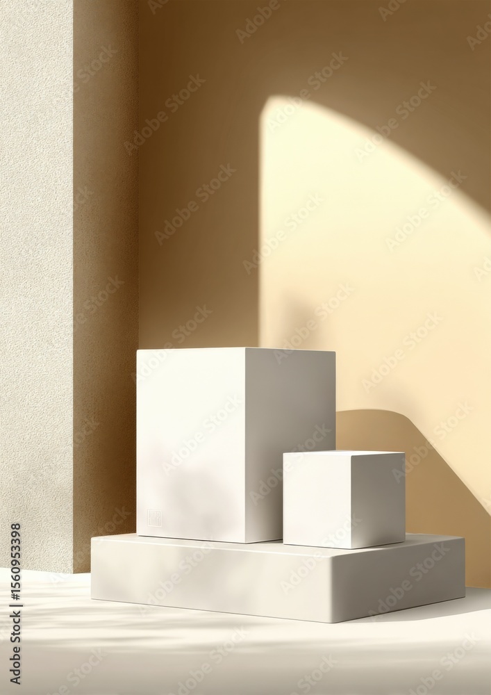Aufkleber Minimalist White Cube Display with Vertical Pyramids and Shadows on Luminous Surface with Warm Wall Background and Soft Lighting