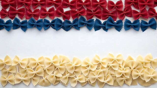 Red, blue, and natural colored bowtie (farfalle) pasta arranged in stripes to form a border with copy space.
- Powered by Adobe