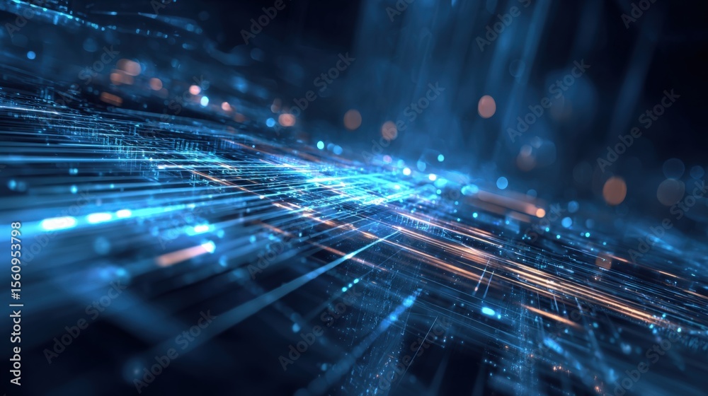 Poster Futuristic Digital Data Stream Background with Glowing Light Lines and Abstract Technological Network Concept for High-Tech and Cybersecurity Themes