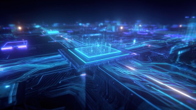 Futuristic Digital Circuit Board with Neon Blue Lines and Data Lines Representing High Tech Innovation and Advanced Technology Concepts