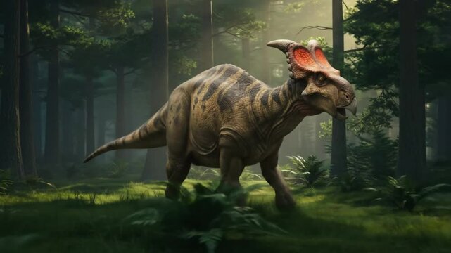 Regal Centrosaurus in Ancient Forest: A majestic Centrosaurus dinosaur, with its distinctive frill and horns, strides through a lush prehistoric forest, sunlight dappling through the ancient trees.