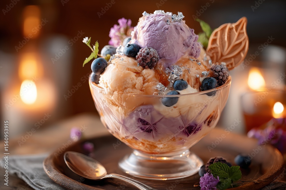 Poster delicious ice cream sundae with mixed berry topping fresh mint leaf and waffle cookie in elegant gla