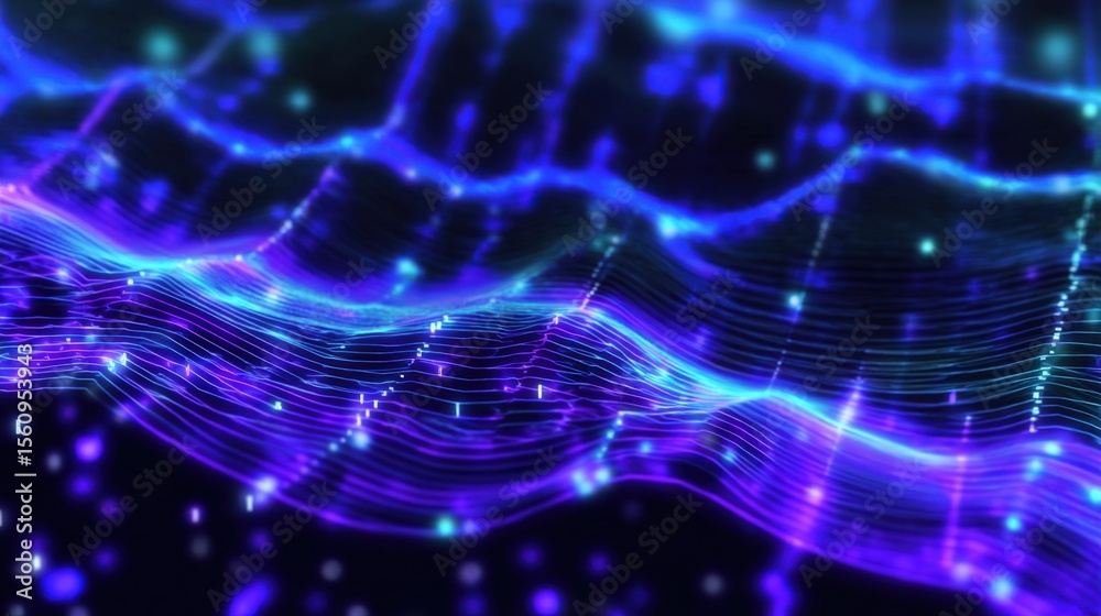 Poster Abstract Digital Wave Pattern with Glowing Lines and Data Flow Visuals in Blue and Purple with a Futuristic Technology Theme