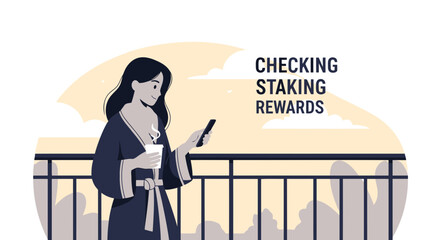 Woman Enjoying Morning Coffee While Monitoring Cryptocurrency Staking Income On Mobile Device