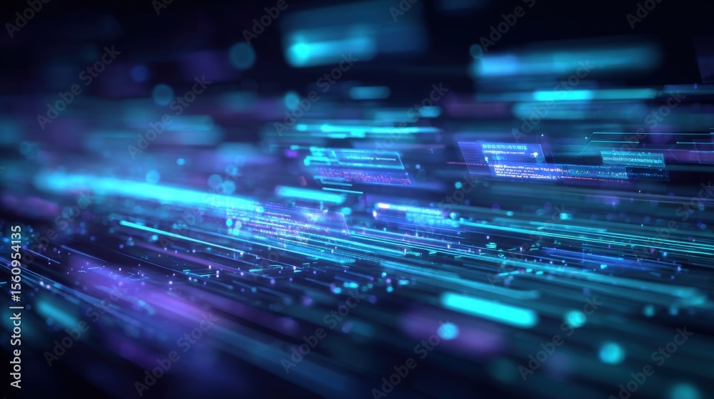 Poster Abstract digital data streams with glowing blue holographic lines and particles representing technology innovation and information flow