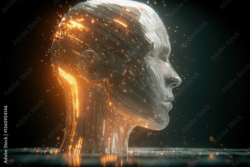 Aufkleber futuristic female digital avatar with glowing golden circuits and intricate facial features represen
