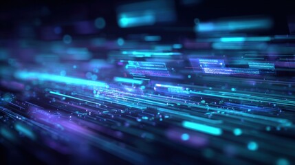 Fototapeta premium Abstract digital data streams with glowing blue holographic lines and particles representing technology innovation and information flow