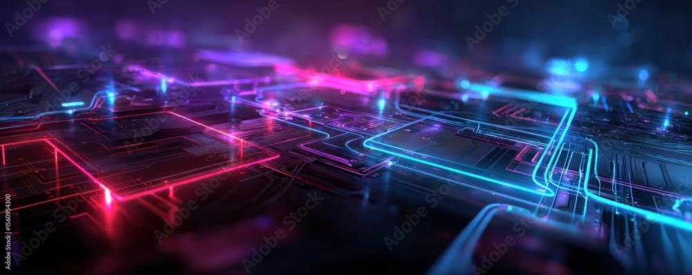 Leinwandbilder futuristic neon technology circuit board with glowing blue and pink lines and digital abstract backg