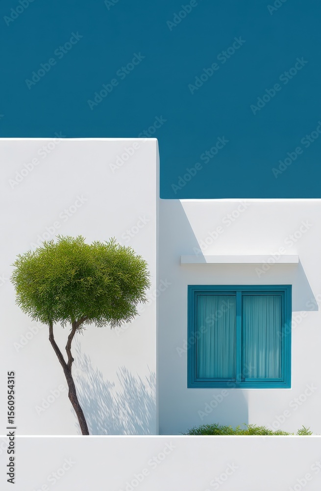 Poster modern minimalist white building exterior with bright blue window and green tree shadow in sunny day