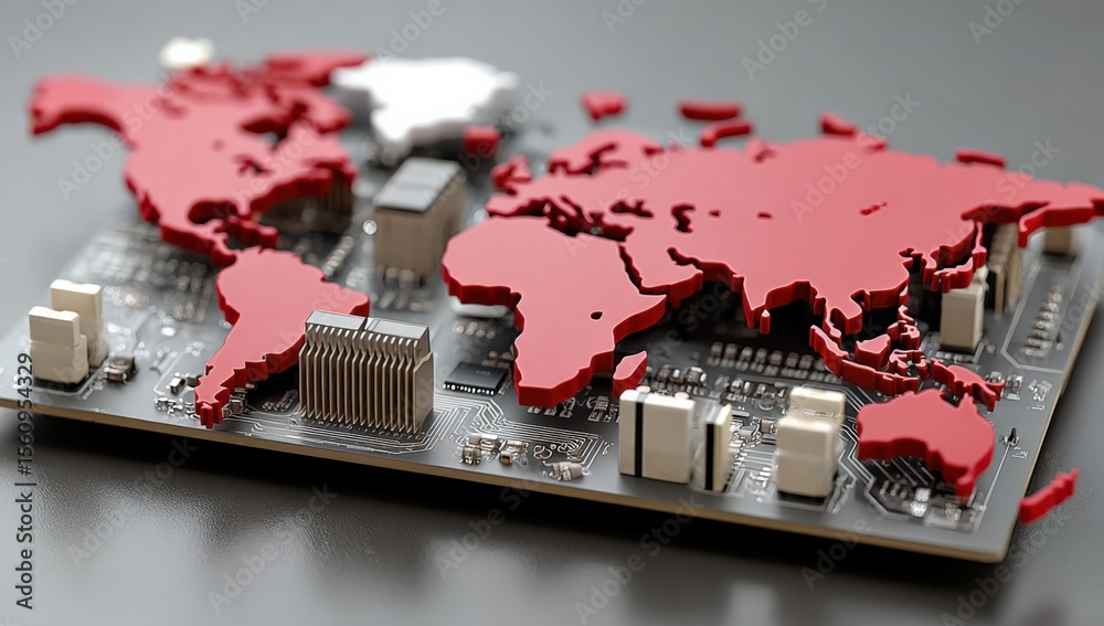 Poster Global digital network infrastructure concept with interconnected world map on circuit board technology background for international communication and data transfer