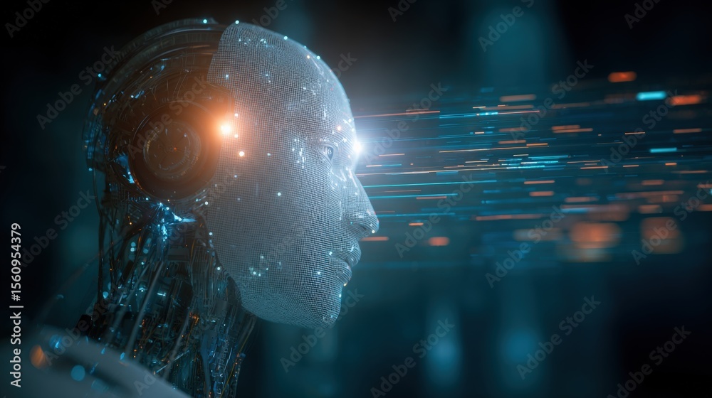 Poster Futuristic Artificial ligence Robot Head with Digital Components and Data Streams in a Dark Tech Environment