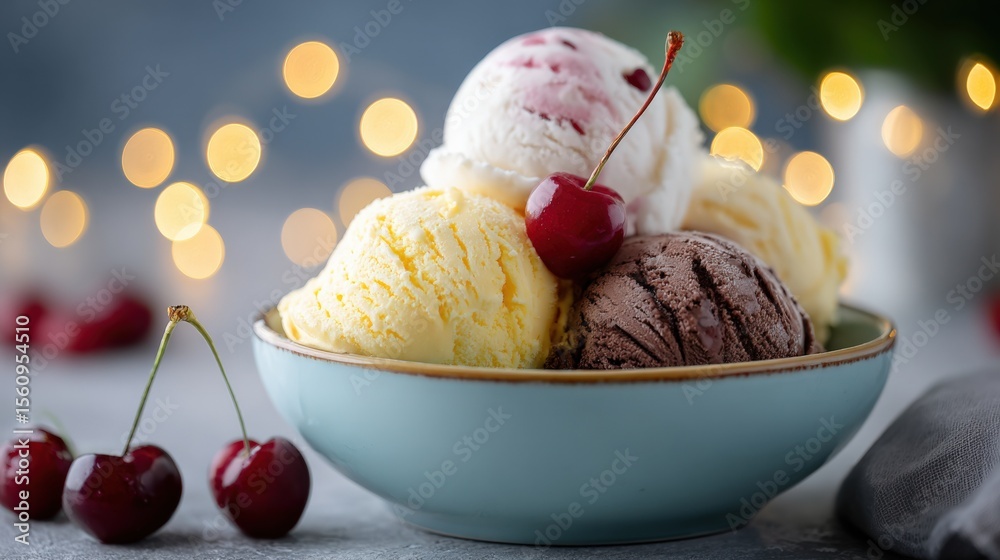 Poster delicious assorted scoops of ice cream with cherries in a light blue bowl on a festive background wi