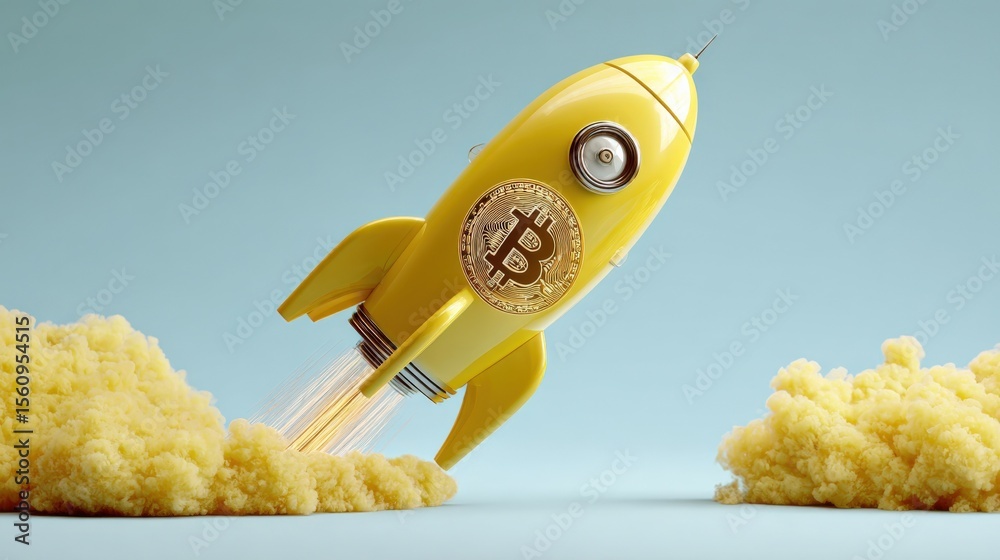 Poster creative digital illustration of a yellow cartoon rocket with bitcoin cryptocurrency soa through the
