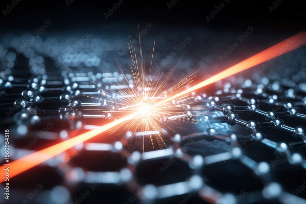 Poster Close-up of a bright laser beam interacting with a nanoscale molecular structure showing sparks and glowing effects in a scientific visualization