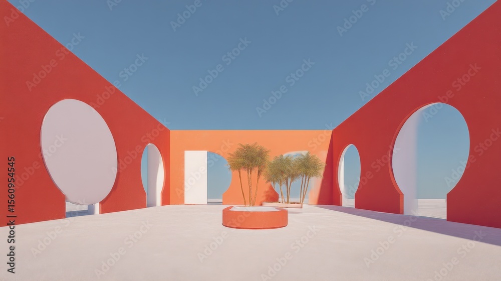 Poster modern geometric architectural courtyard with vibrant colored walls circular openings trees and clea