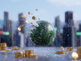 Digital globe of circuit boards with falling coins representing global digital economy and cryptocurrency investments in urban cityscape