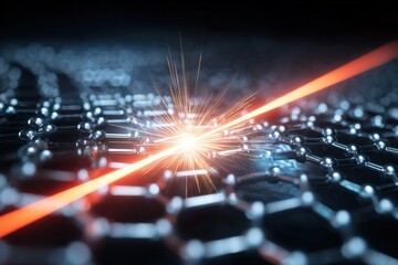 Close-up of a bright laser beam interacting with a nanoscale molecular structure showing sparks and glowing effects in a scientific visualization