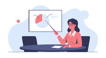 Woman Gives Business Presentation Pointing To A Pie Chart On A Screen