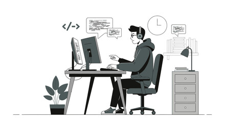Dedicated Coder Immersed In Programming On Dual Screen Setup At Home