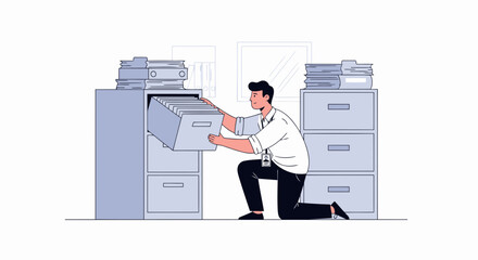 Young Employee Arranging Documents In Filling Cabinet At Office Workplace