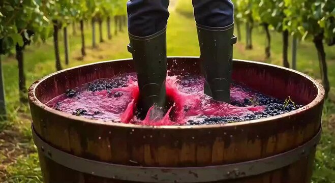 Grape stomping in wooden barrel in vineyard for winemaking