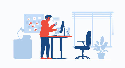 Young Man Working From Home Using Standing Desk Technology For Remote Work