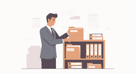 Young Professional Organizing Business Documents in Office Filing System