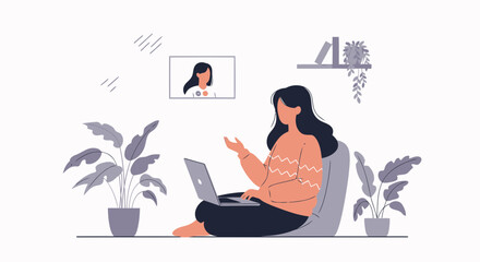 Young Woman Enjoying Video Call Connection From Home With Laptop Setup