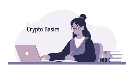 Woman Learning About Cryptocurrency Online Vector Illustration