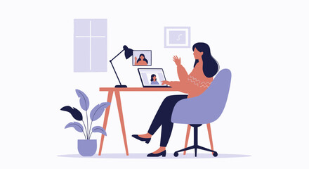 Fototapeta premium Woman Participating In Video Call From Her Home Office Work Station