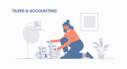 Woman Managing Finances And Sorting Through Stack Of Invoices At Home