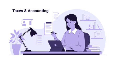 Woman Preparing Taxes And Accounting Using Her Tablet At Office Desk