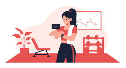 Woman Checking Fitness Tracker After Workout At Home With Exercise Equipment