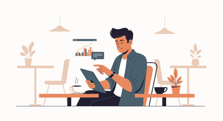 Young Entrepreneur Analyzing Data On Tablet In Minimalist Coffee Shop Setting