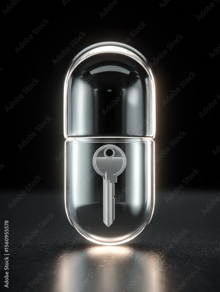 Poster Sleek modern portable lock and key device with shiny metallic finish and reflective surface isolated on black background for security access