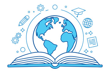 Blue globe above open book with education icons world
