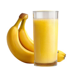 Glass of fresh banana juice with ripe yellow bananas isolated on transparent background