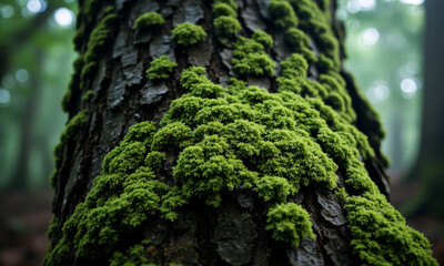 The Texture of Tree Bark Covered in Vibrant Green Moss After a Fresh Rain