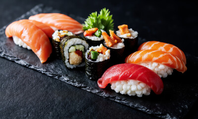 A Symmetrical Flat Lay of Various Sushi Rolls and Sashimi on a Black Slate Plate